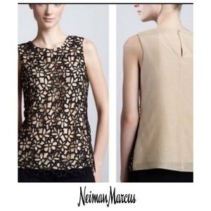 Neiman Marcus Black and Tan Floral Lace Blouse